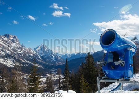 Snow Gun Cannon At Italy Mountains, Dolomites Dolomiti In Wintertime Beautiful Alps Winter Mountains
