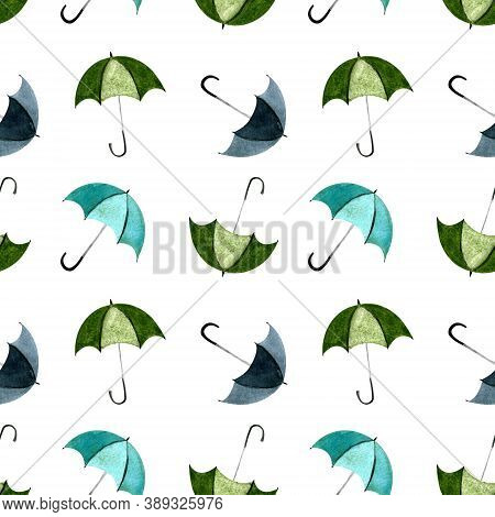 Seamless Pattern With Umbellas On White Background. Watercolor Illustration