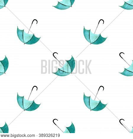 Seamless Pattern With Umbellas On White Background. Watercolor Illustration