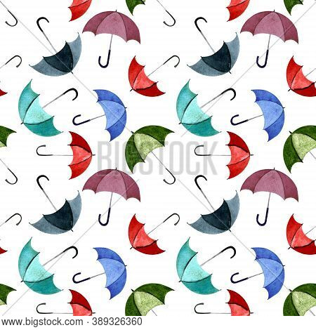 Seamless Pattern With Umbellas On White Background. Watercolor Illustration