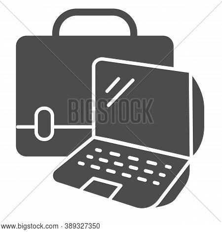 Laptop And Handbag Solid Icon, Coworking Concept, Notebook Case Sign On White Background, Bag With L