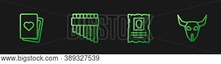 Set Line Wanted Western Poster, Deck Of Playing Cards, Pan Flute And Buffalo Skull. Gradient Color I