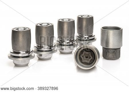 Grey Steel Secret Wheel Nut Locks - Isolate On White Background