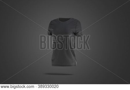 Blank Black Women T-shirt Mock Up, Dark Background, 3d Rendering. Empty Daily Undervest Clothes Mock