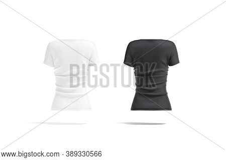 Blank Black And White Women Slimfit T-shirt Mockup, Back View, 3d Rendering. Empty Female Tee-shirt 