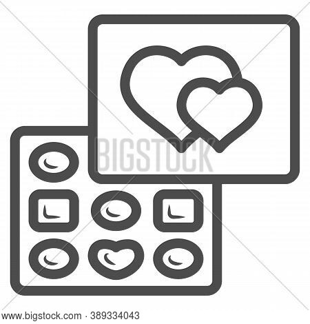 Chocolates In A Box Line Icon, Chocolate Festival Concept, Chocolates In Heart Shaped Box Sign On Wh