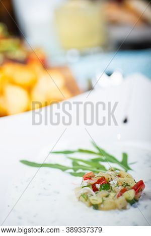 Traditional Cold Dish Okroshka: Cold Soup With Vegetables. Lunch Served For Guests On A Table In A R