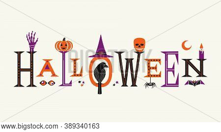 Halloween Fancy Letters Cute Symbol Set Isolated Vector Illustration. Happy Halloween Greeting Handd