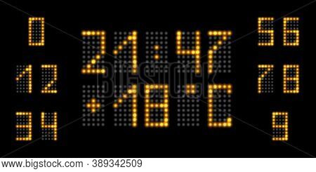 Led Numbers With Golden Neon Glow. Digital Tableau , Timer And Temperature Panel . Set Of Digits Wit