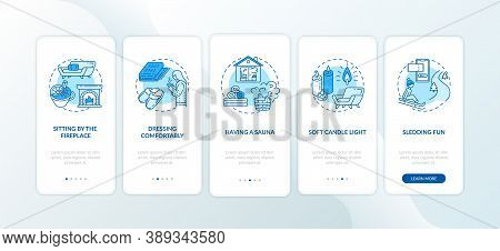 Hygge Lifestyle For Cozy Winter Onboarding Mobile App Page Screen With Concepts. Having Sauna, Comfo