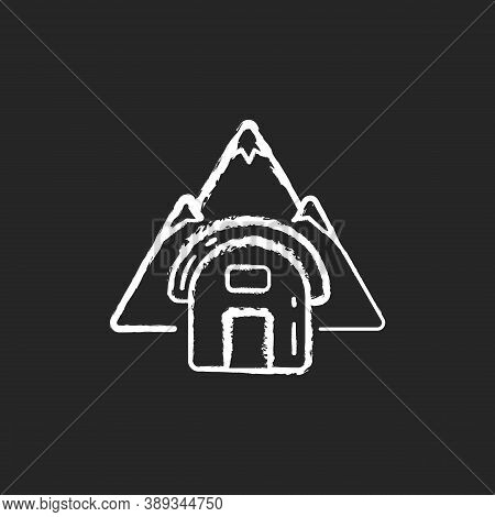 Bivouac Shelter Chalk White Icon On Black Background. Improvised Camp Site. Backpacking. Scouting. T