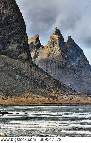 Mountains in Iceland, Vestrahorn Stokksnes, black sand coast