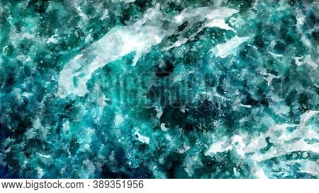 Abstract Watercolor Ocean. Primary Colors Are Blue, Cyan. Texture For Background, Design, Interior, 