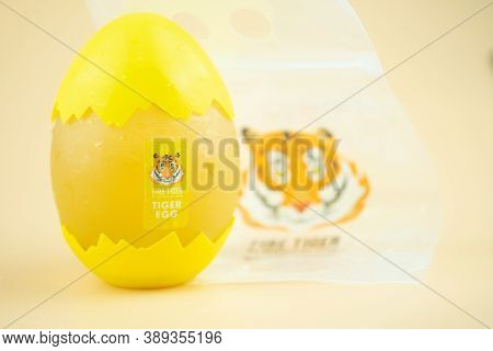 Bangkok, Thailand - October 12, 2020 : Refreshment Drink In Egg Shape With Tiger Egg Super Booster V
