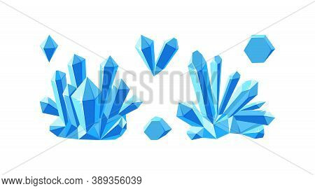 Ice Crystals Isolated In White Background. Set Of Druses And Separate Crystals Made Of Blue Mineral.