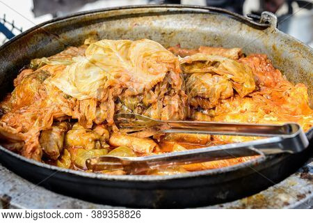 Freshly Cooked Large Portion Of Cabbage Rolls With Meat And Cabbage, A Traditional Romanian Food Cal