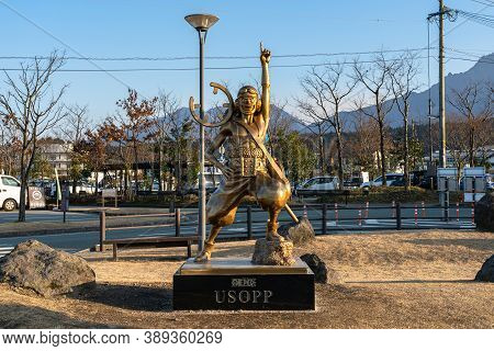 Kumamoto Prefecture, Japan - Jan 4 2020 : A Bronze Statue Of Comic Book One Piece Character Usopp. O