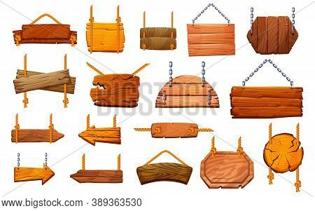 Set Of Wooden Pillars Signboards Hanging On Ropes And Metal Chains Isolated. Vector Information Post