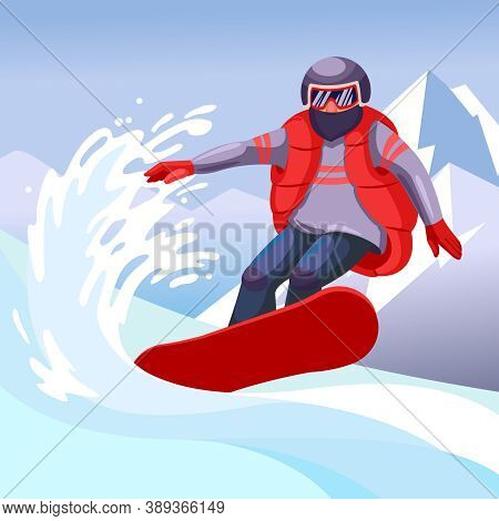 Cartoon Color Character Person Man And Snowboarding Extreme Sport Concept Flat Design Style. Vector 