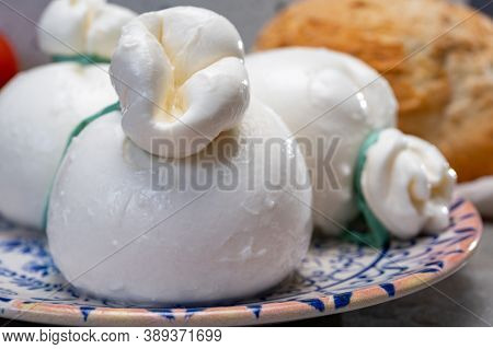Cheese Collection, Fresh Soft Italian Cheese From Puglia, White Balls Of Burrata Or Burratina Cheese