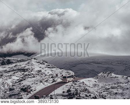 Editorial 09.07.2019 Dalsnibba Norway, Bus Driving In The Snowy Landscape High Up In The Mountains A