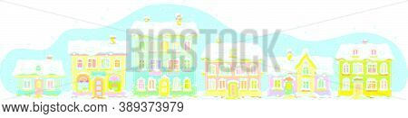 Colorful Toy Houses Covered With Snow On A Cold And Snowy Winter Day In A Small Town, Vector Cartoon