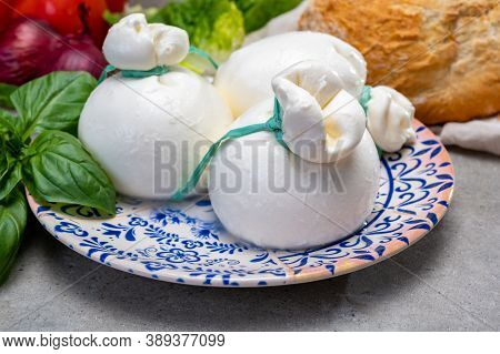 Cheese Collection, Fresh Soft Italian Cheese From Puglia, White Balls Of Burrata Or Burratina Cheese