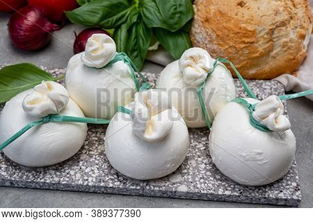 Cheese Collection, Fresh Soft Italian Cheese From Puglia, White Balls Of Burrata Or Burratina Cheese