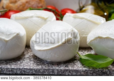 Fresh Handmade Soft Italian Cheese From Campania, White Balls Of Buffalo Mozzarella Cheese Made From