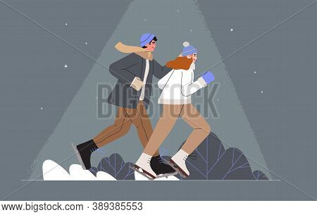 People Enjoying Ice Skating At Winter Park In Evening Vector Flat Illustration. Man And Woman During