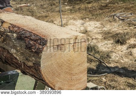 Mobile Sawing Equipment For Logs In The Open Air. Rural Landscape On A Sunny Day. Mobility And Work 