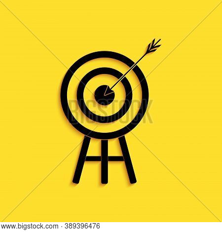 Black Target With Arrow Icon Isolated On Yellow Background. Dart Board Sign. Archery Board Icon. Dar
