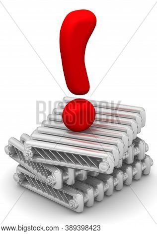 Important Information On Radiators. Stacked Sections Of Cast Iron Heating Radiators And One Red Excl