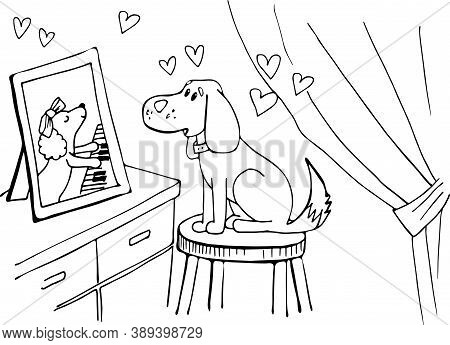 Coloring Book, A Dog Sitting On A Stool And Looking At A Photo Of Another Dog Playing The Piano, A L