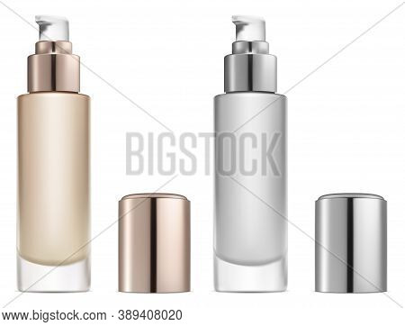Cosmetic Base Cream. Serum Pump Bottle Vector Mockup. Foundation Powder Beauty Package. Face Care Pr
