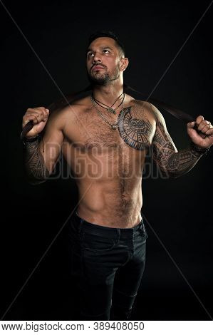 Punishment Concept. Dominate Male. Going To Punish You. Fashion Model With Leather Belt. Man With Ta