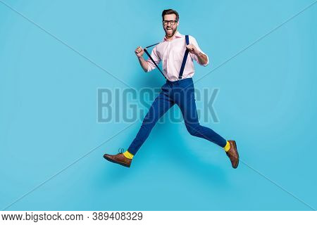 Full Length Profile Photo Of Handsome Business Man Jump High Shopping Center Running Crazy Addicted 