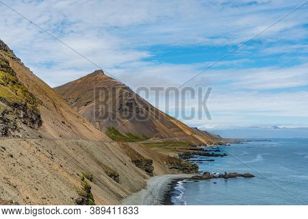 Hvalnesskridur And Thvottarskridur Land Slides At The Coastline Of Iceland
