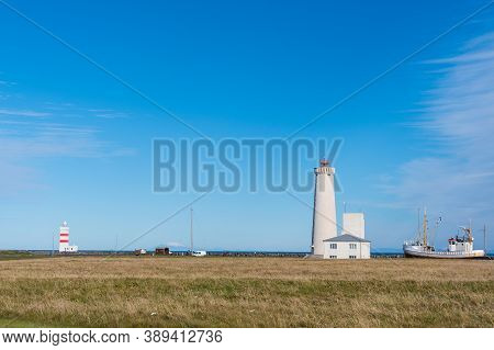 Gardskagaviti Lighthouse On The Coast Of Reykjanes Peninsula In Iceland