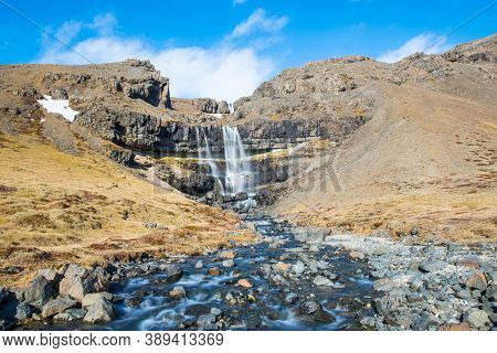 Waterfall Bergarfoss In Hornafjordur In Iceland