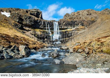 Waterfall Bergarfoss In Hornafjordur In Iceland