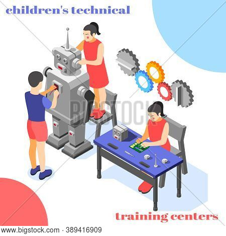 Children Technical Training Center  Isometric Composition With Humanoid Robot Circuit Board Connecto