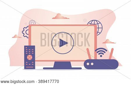 Smart Tv Multimedia Concept In Vector Illustration. Television Set With Remote Control And Mediaplay