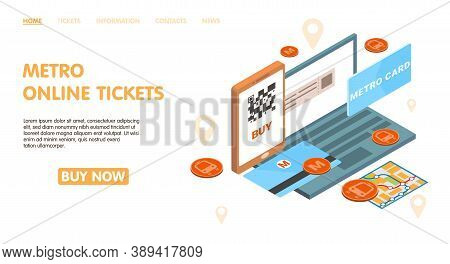 Metro Online Tickets Page Design With Metro Card Symbols Isometric Vector Illustration