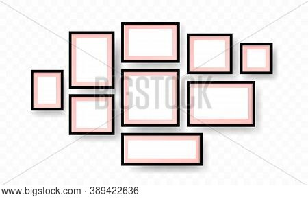 Blank Photo Frames With Shadow And Borders And Shadow. Black Photo Frame On Wall. Square Frame Set. 