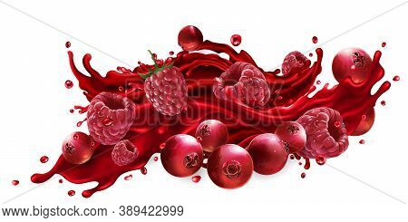 Splash Of Fruit Juice With Cranberries And Raspberries.
