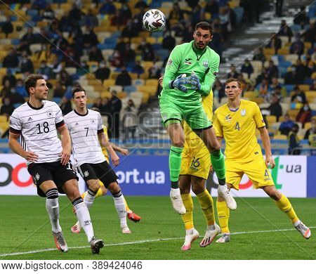 Kyiv, Ukraine - October 10, 2020: Goalkeeper Georgiy Bushchan Of Ukraine Miss A Goal During The Uefa