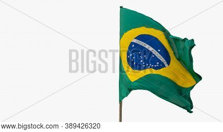 Brazil's Flag. White Background. National Symbol. Homeland Pavilion. The Brazilian Flag Is Composed 