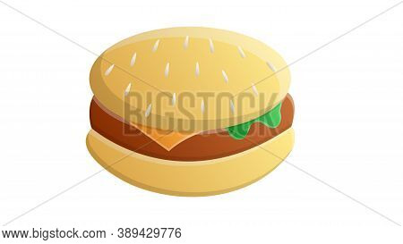 Bright, Colored, Appetizing Burger, Vector Illustration. Buns With Meat And Salad, Natural Filling. 