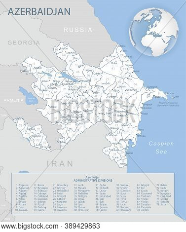 Blue-gray Detailed Map Of Azerbaijan Administrative Divisions And Location On The Globe.
